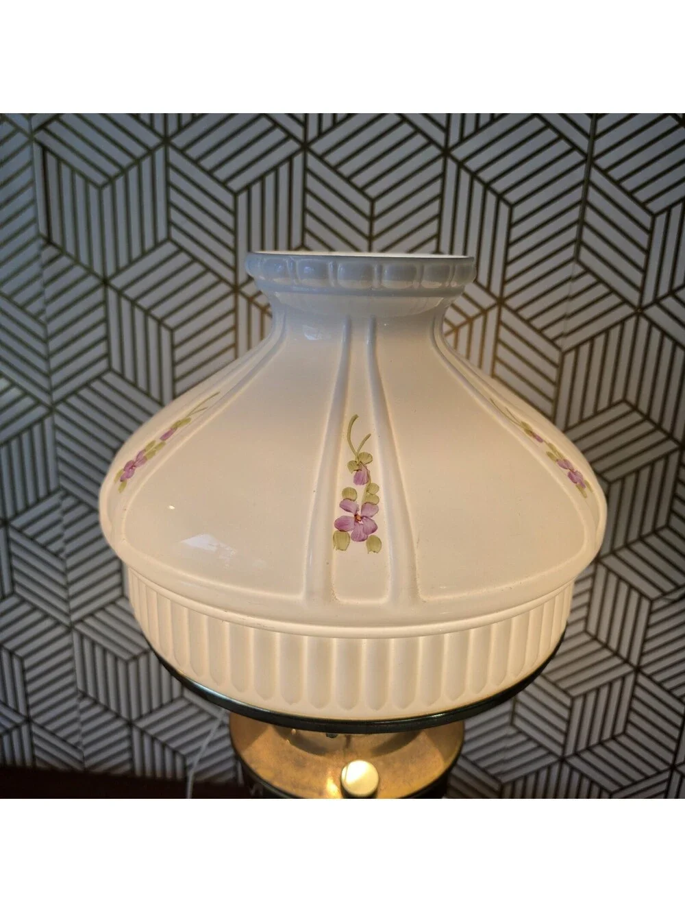 Vintage Kerosene Oil Style Brass Lamp Mill Glass Shade Purple Floral Hong Kong
